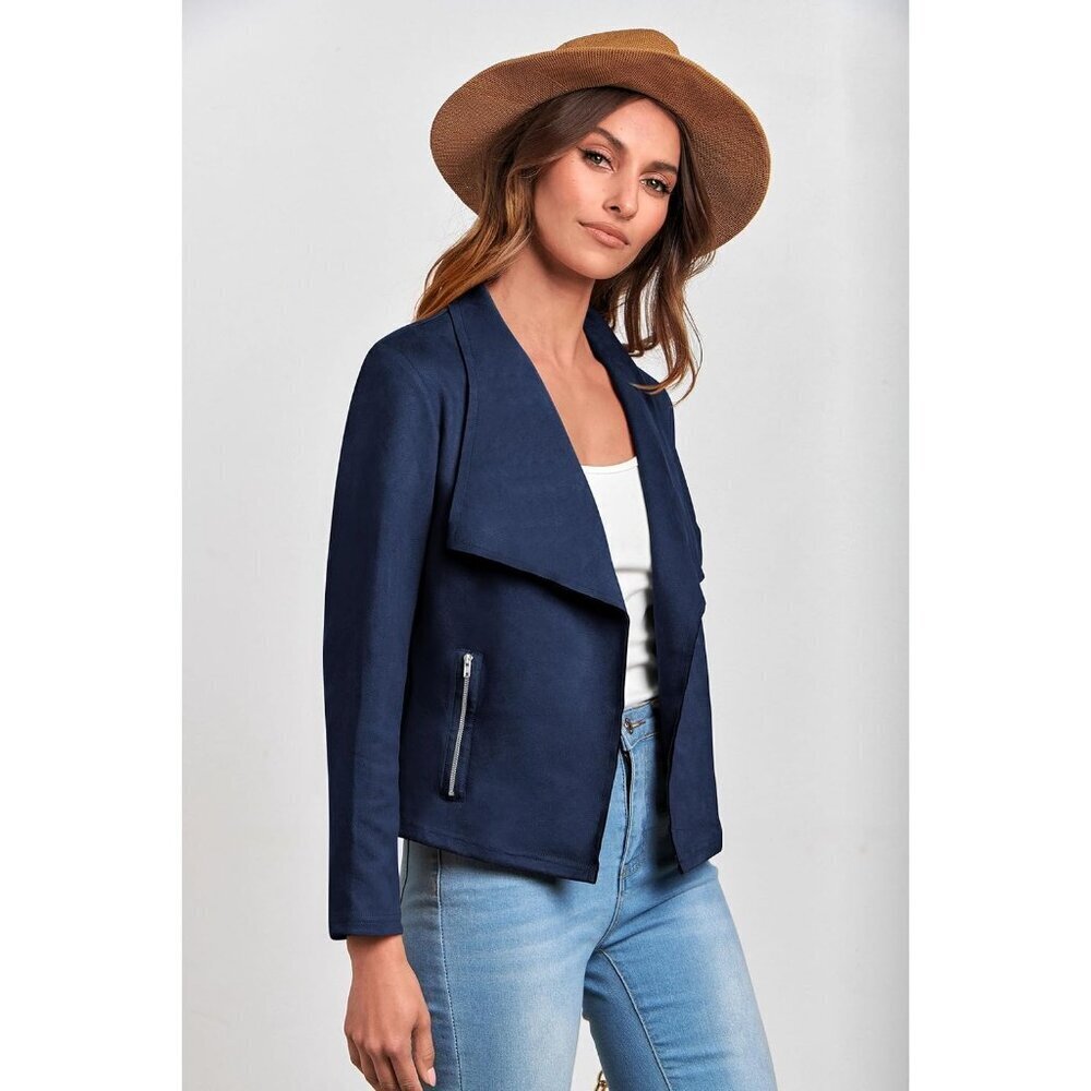 Women's Navy PRETTYGARDEN Faux Suede Jackets Fall Clothes Long Sleeve - Picture 3 of 9